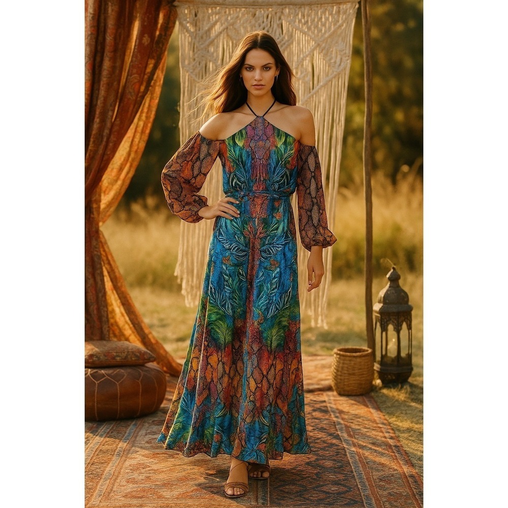 VENUS Multicolor Tropical Print Off-Shoulder Maxi Dress